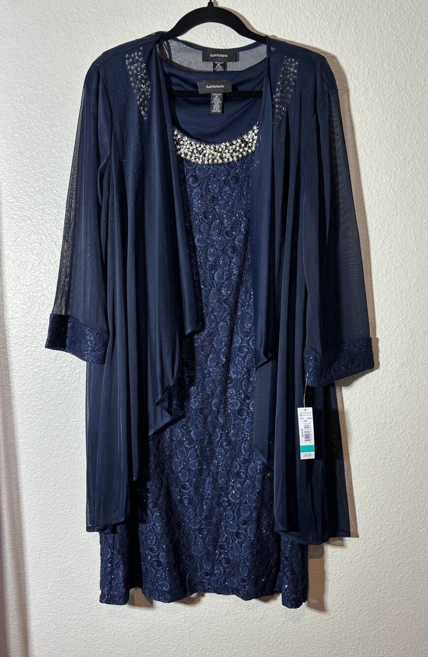 R&M Richards NWT Size 16 Glitter Lace Dress & Waterfall Jacket Navy Blue Beaded